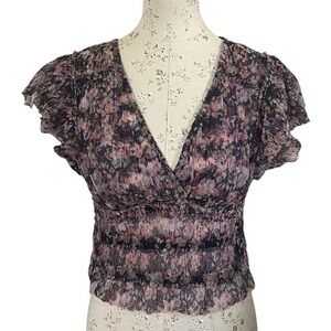 House Of Harlow 1960 Womens Floral Flutter Sleeve Smocked Crop Top Blouse Sz MED